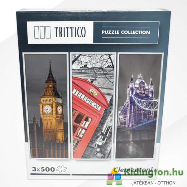 3 x 500 darabos London puzzle doboza előről - Big Ben, telefonfülke és Tower Bridge - Clementoni Trittico Collection 39306