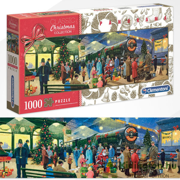 Tépapó karácsonyi expressz vonata puzzle képe és doboza - 1000 db - Panoráma kirakó - Clementoni 39577