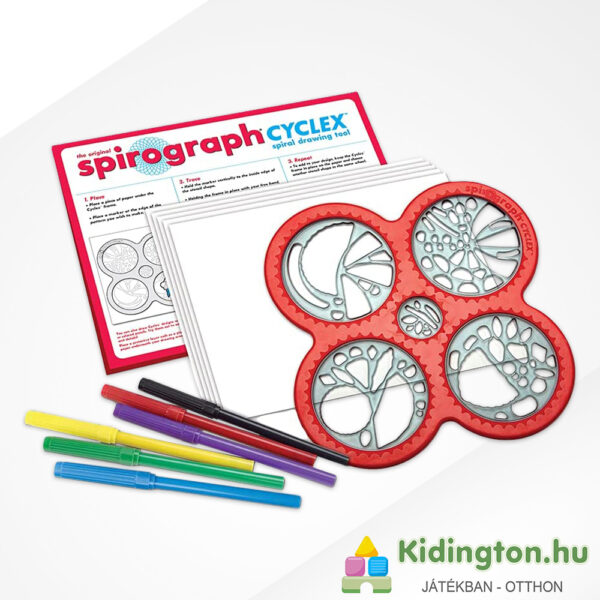 Spirográf Cyclex: Többszörös körök, kreatív rajzoló szett tartalma (6 filctollal)
