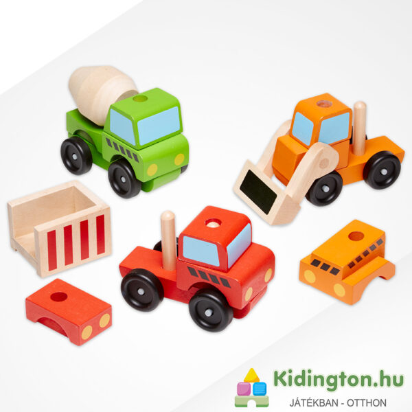 Fa járművek: Építkezési munkagépek – Buldózer, dömper, betonkeverő tartalma - Melissa & Doug