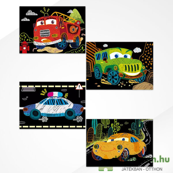 Járművek: mini karckép könyv, autós kreatív képkarcoló gyerekeknek, elkészítve (Avenir)