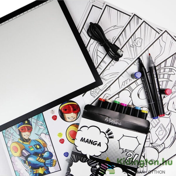 Manga, képregény készítő tartalma, színező, kreatív nagy szett LED táblával, filctollakkal (Sycomore Artissimo)